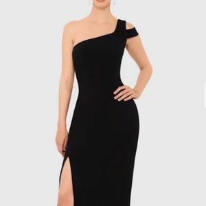 Betsy and Adam black one shoulder gown